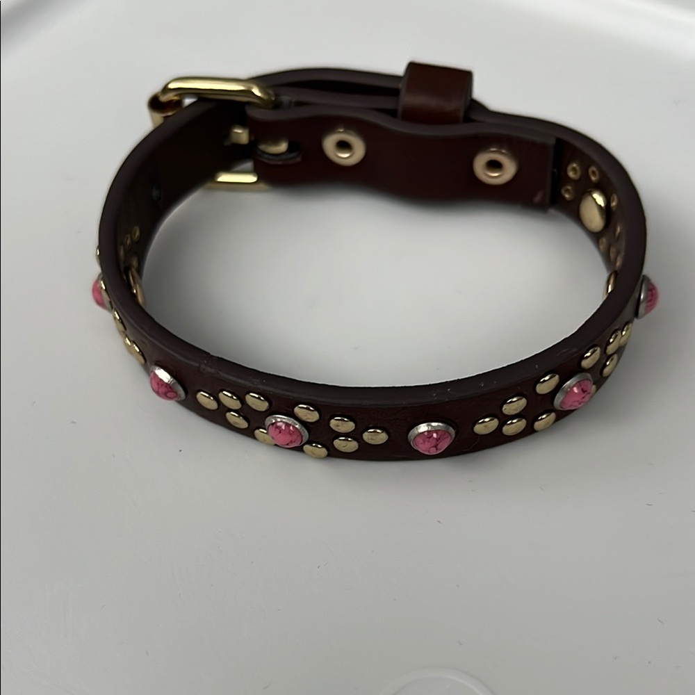 Express Brown Leather Bracelet with Gold and Pink Studs